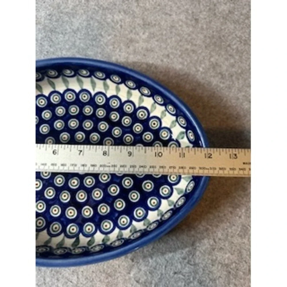 Boleslawiec Polish Pottery Peacock Eye Oval Serving Bowl 12 Inch Hand Made